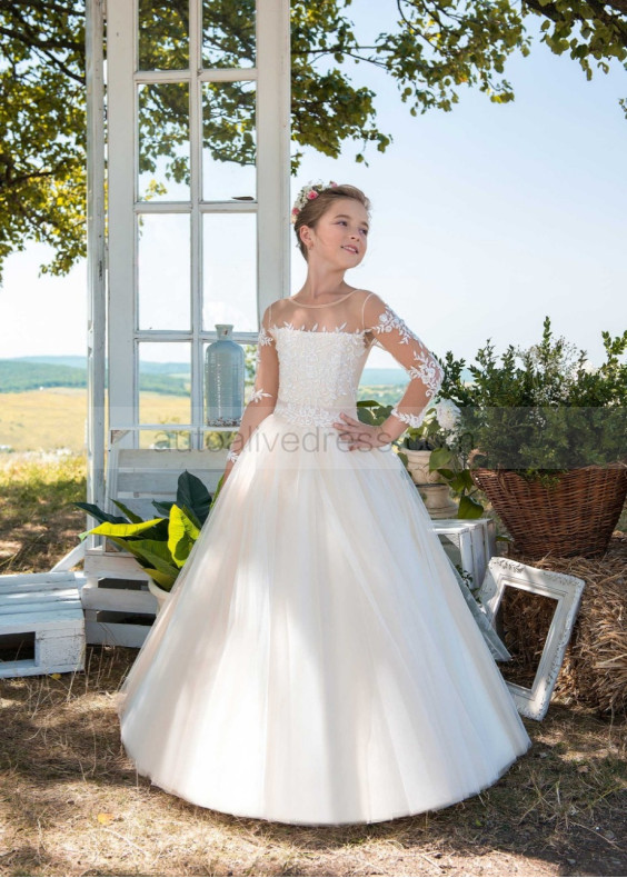 Long Sleeves Lace Tulle Keyhole Back Fairytale Flower Girl Dress Long Sleeves Lace Tulle Keyhole Back Fairytale Flower Girl Dress